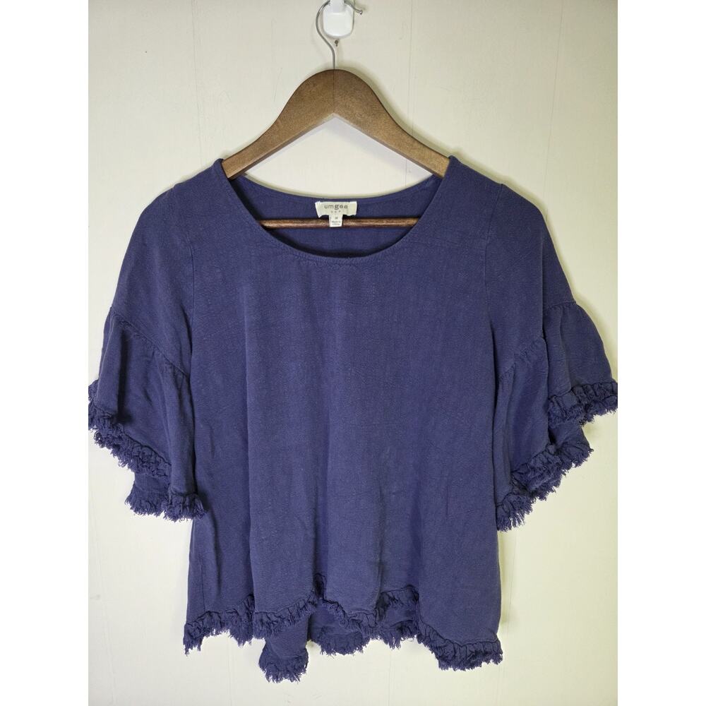 Umgee USA Navy Blue Linen Blend Top With Fringe Trim Size Medium